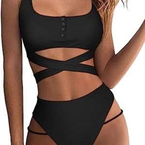 Sexy Criss Bikini Set Snap Front High Waisted Two Piece Swimsuit Swimwear